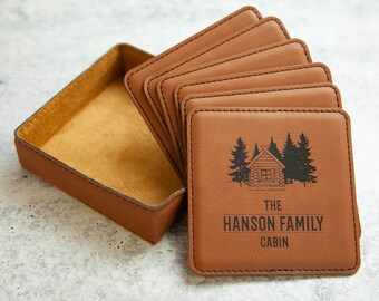 Cabin Coaster Set, Personalized Cabin Coasters, Customized Coasters, Cabin Décor, Engraved Coasters, Housewarming Gift, Personalized Gift