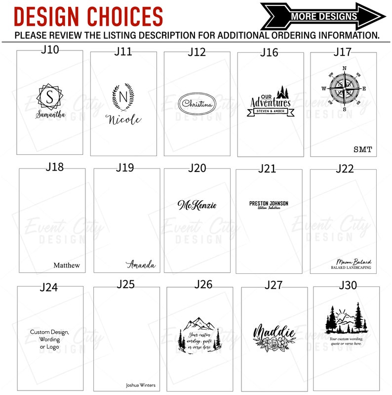 May include: A grid of 30 different design choices for wedding invitations. Each design features a unique graphic, text, and layout. The designs include a compass, mountains, flowers, and more.