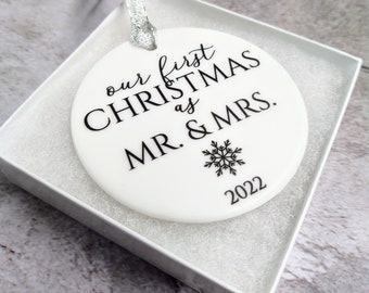 Personalized First Christmas Ornament, Ceramic Christmas Ornament for Newlywed Couple, Customized Mr. & Mrs. Christmas Ornament, First X-Mas