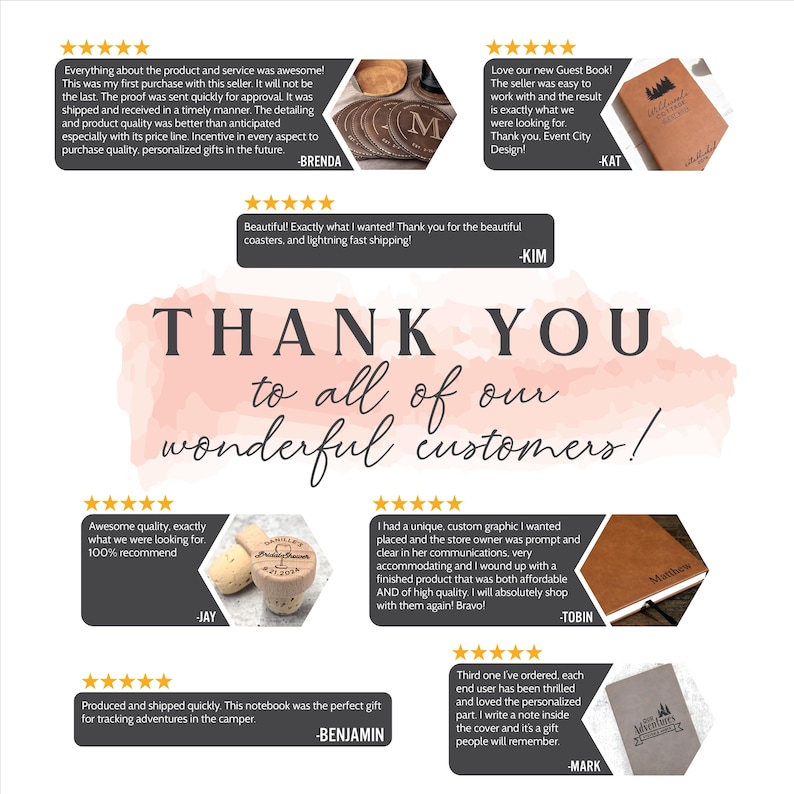 May include: A collage of customer reviews for personalised gifts. The reviews highlight the quality of the products and the excellent customer service. The reviews include text such as "Awesome quality, exactly what we were looking for. 100% recommend" and "Beautiful! Exactly what I wanted! Thank you for the beautiful coasters, and lightning fast shipping!"