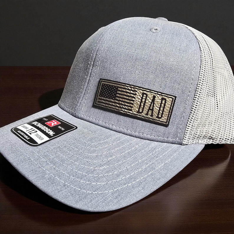 Chapeau papa avec drapeau américain, chapeaux drapeau américain personnalisés, chapeau de camionneur avec monogramme, chapeau Richardson 112 patch en cuir snapback, chapeau de fête des pères image 11