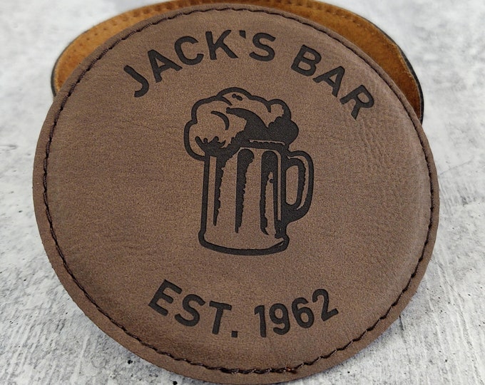 Personalized Bar Coasters, Set of 6 Coasters with Bar Name and Beer Mug, Home Bar Decor, Home Brewing Coasters, Beer Bar Decor, Leatherette