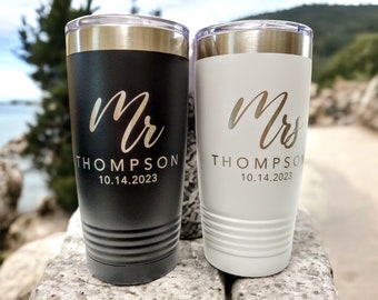 Mr and Mrs Personalized Tumbler Set, Bride and Groom Custom Cup Set, Customized Wedding Drinkware, Insulated 20 oz Stainless Steel Tumbler