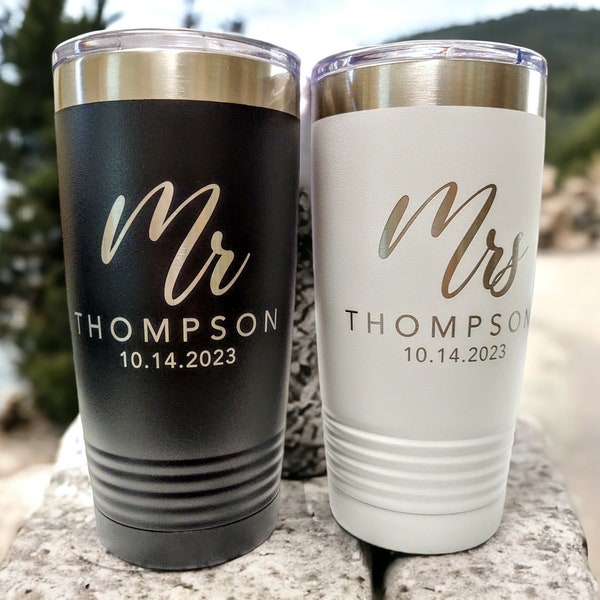 Mr and Mrs Personalized Tumbler Set, Bride and Groom Custom Cup Set, Customized Wedding Drinkware, Insulated 20 oz Stainless Steel Tumbler