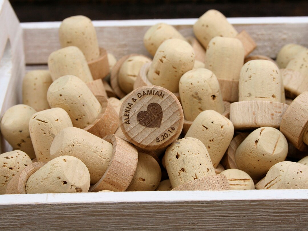 Bulk Personalized Wine Stoppers, Wine Stopper Wedding Favors, Engraved Heart Wood Wine Stoppers