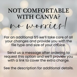 May include: Text on a blurred background reads "NOT COMFORTABLE WITH CANVA? no worries!" followed by additional text. The text offers assistance with changes, file type, and size. It encourages messaging after ordering for a link.