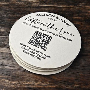Personalized QR Code Wedding Coasters for Photo Sharing Custom Wedding Favors Pulpboard Coasters with QR Code for Guests Photo Uploads