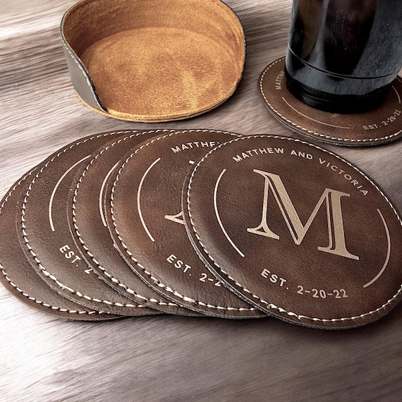 Monogrammed Leather Coaster Set, Personalized Engraved Gift, Customized Coasters, 3rd Anniversary Gift, Wedding Gift, Couples Gift Idea