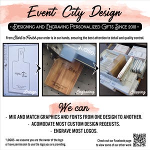 May include: A graphic showing the process of designing, engraving, and shipping personalized gifts. The image shows a computer screen with a design for a cutting board, a laser engraver engraving the design onto a wooden cutting board, and a stack of boxes ready to be shipped. The text on the image reads "Event City Design" and "Designing and Engraving Personalized Gifts Since 2015."