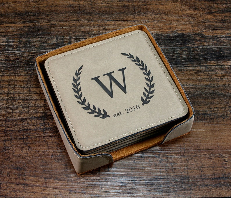 Monogrammed Leather Coaster Set Personalized Coasters Etsy