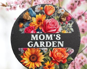 Letrero de jardín para mamá, para exteriores, para colgar en el jardín de flores, de pizarra, para mamá, decoración floral para el jardín, letrero de pizarra para colgar al aire libre, regalo para mamá