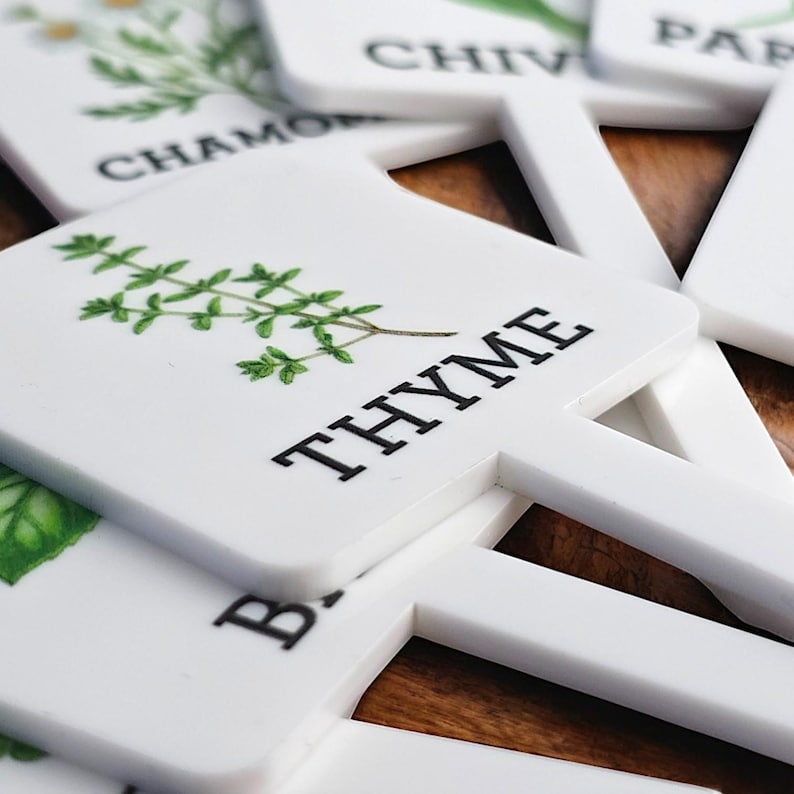 May include: White plastic plant markers with black text and a small image of the herb. The markers are labelled "Thyme", "Chamomile", "Chives", "Parsley", and "Basil".