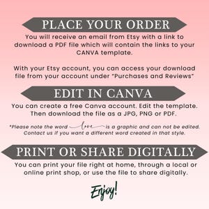 May include: A pink and white graphic with text instructions. The text includes "PLACE YOUR ORDER", "EDIT IN CANVA", and "PRINT OR SHARE DIGITALLY". The word "love" is written in cursive. The word "Enjoy!" is at the bottom.
