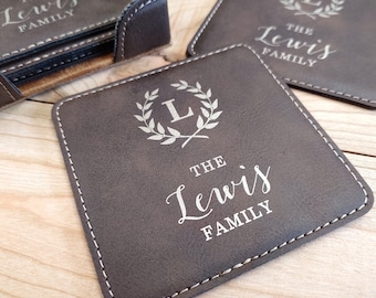 Personalized Coasters, 3rd Anniversary Gift, Leather Coasters, Custom Coasters, Custom Engraved Coasters, Personalized Family Name Gift