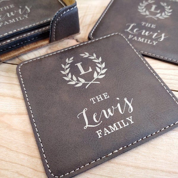 Personalized Coasters, 3rd Anniversary Gift, Leather Coasters, Custom Coasters, Custom Engraved Coasters, Personalized Family Name Gift