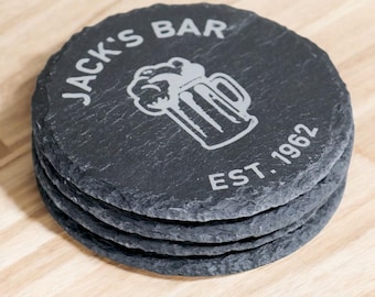 Custom Coasters Set Personalized Bar Gifts, Engraved Slate Set of 4 Stone Coasters, Home Bar Decor Slate Coaster Set