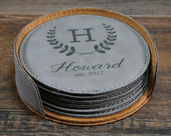 Personalized Monogrammed Coaster Set, Customized Leather Coasters, Custom Coasters, Engraved Coasters, Coasters, Unique Anniversary Gift