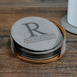 Monogrammed Leather Coaster Set, Customized Coasters, Family Name Gift, Engraved Coasters, Personalized Engraved Gift, Father's Day Gift image 2