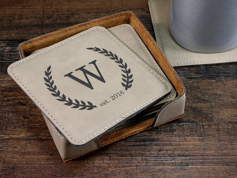 Monogrammed Leather Coaster Set Personalized Coasters Etsy