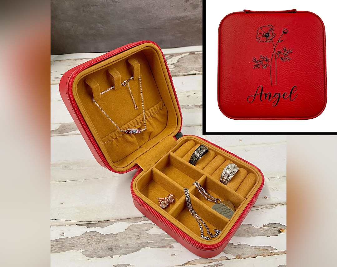 Personalized Travel Jewelry Box With Birth Flower and Name, Custom