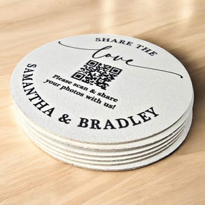 Share the Love Custom QR Code Wedding Coasters for Photo Sharing Custom Wedding Favors Pulpboard Coasters with QR Code Table Décor Favors