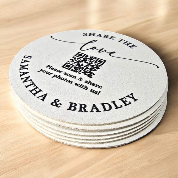 Share the Love Custom QR Code Wedding Coasters for Photo Sharing Custom Wedding Favors Pulpboard Coasters with QR Code Table Décor Favors