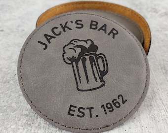 Personalized Bar Coasters, Set of 6 Coasters with Bar Name and Beer Mug, Home Bar Decor, Home Brewing Coasters, Beer Bar Decor, Leatherette