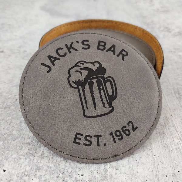 Personalized Bar Coasters, Set of 6 Coasters with Bar Name and Beer Mug, Home Bar Decor, Home Brewing Coasters, Beer Bar Decor, Leatherette