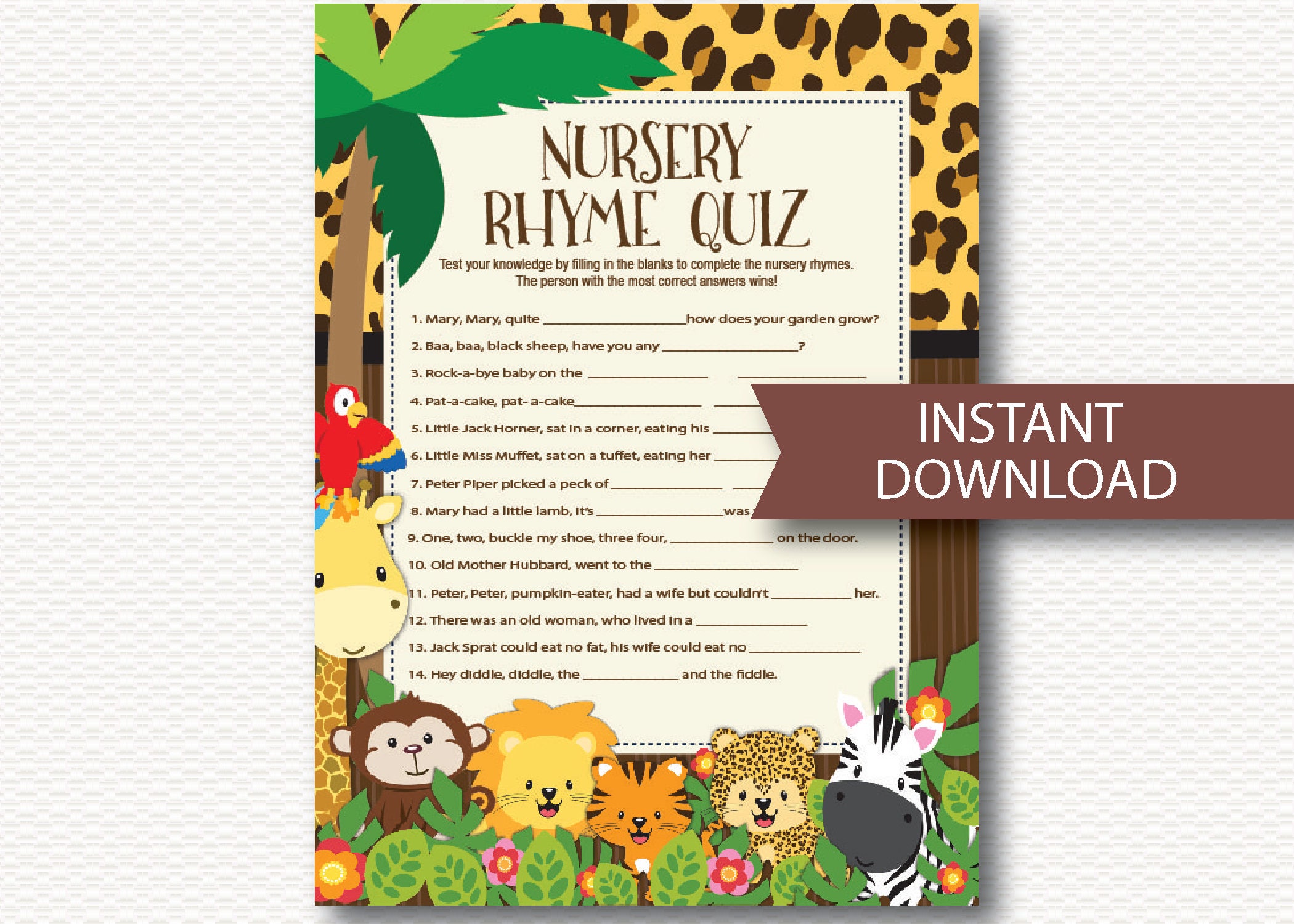 Safari Baby Shower Game Nursery Rhyme Quiz Jungle Animals Etsy