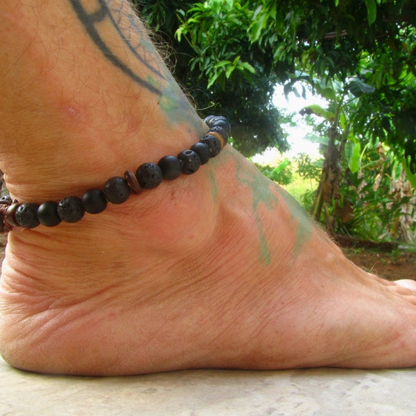 Mens Lava Rock & Onyx Stone Beaded Anklet, Tribal Hippie Surfer Stone Ankle Bracelet, Mens Gemstone Beaded Anklet, Gemstone Ankle Bracelet