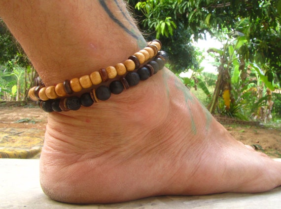 Double Beaded Anklets, Lava Stone Ethnic Tribal Hippie Surfer