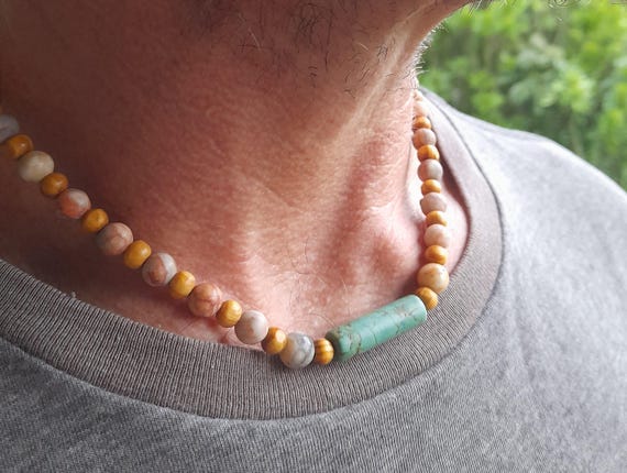 Turquoise Jasper Gemstone Choker Hippie Surfer Style Stone 18  Inch Beaded Necklace