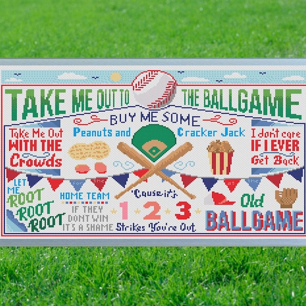 Take Me Out to the Ballgame Cross Stitch Pattern - Baseball, Old-Timey - customize with your team name!