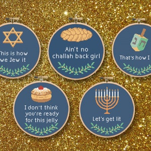 Hanukkah Set of 5 Cross Stitch Patterns - funny, puns
