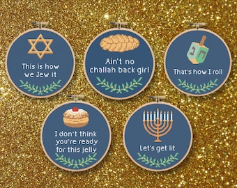 Hanukkah Set of 5 Cross Stitch Patterns - funny, puns