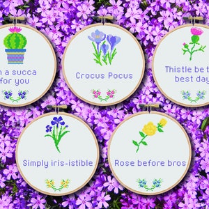 Spring Set of 5 Cross Stitch Patterns - Funny, Subversive, Cute, Flowers