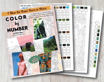 May include: Color by Number book cover with the title "I Bless the Rains Down in Africa". The cover features a collage of images including a gorilla, elephants, a woman in traditional clothing, and a landscape. The book includes 10 African designs and is perfect for coloring with pencils, markers, or paint.