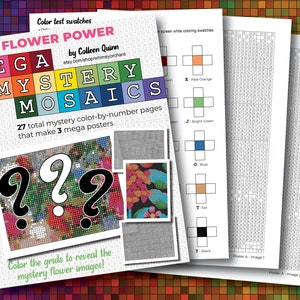 Mosaicos mega misteriosos de flores - Color por letra - 27 páginas / 3 mega imágenes