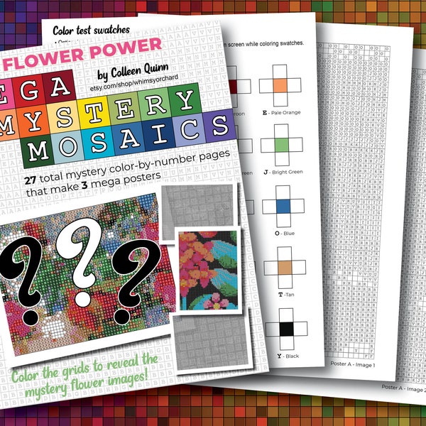 Flowers Mega Mystery Mosaics - Color by Letter - 27 pages / 3 mega images