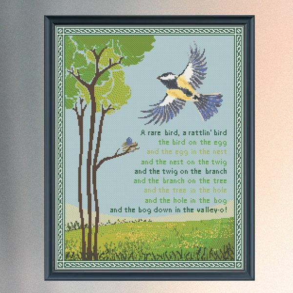 Rattlin' Bog cross stitch Pattern - down in the valley o - rare bird, Irish, Celtic, folk song