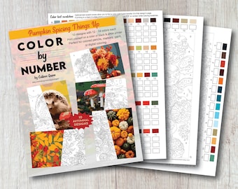 May include: A set of 10 printable color by number designs featuring autumnal themes. The designs include a hedgehog, pumpkins, mushrooms, and fall leaves. The title of the set is "Pumpkin Spicing Things Up" and the text "10 Autumnal Designs" is also included.