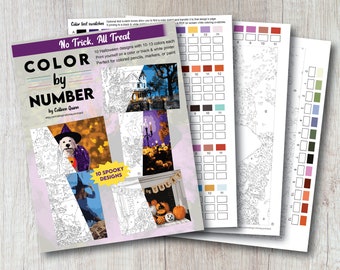 May include: A set of 10 Halloween-themed color by number designs. The cover features a witch, a dog, and a fireplace with pumpkins. The title is "No Trick, All Treat: Color by Number".