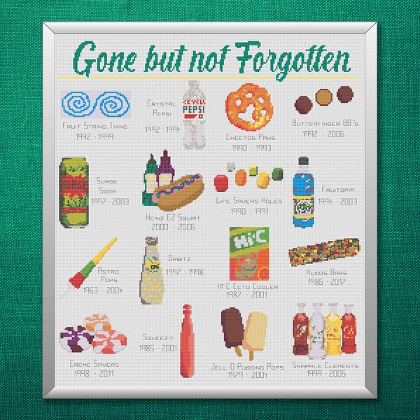 90's Treats Cross Stitch Pattern - Gone but Not Forgotten - 1990's 2000's snacks, food, treats, drinks