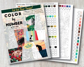 May include: A book titled "Cat Got Your Tongue?" with the words "Color by Number" on the cover. The book features 10 cat-themed designs to color in with colored pencils, markers, or paint. The cover shows a cat with a colorful background.