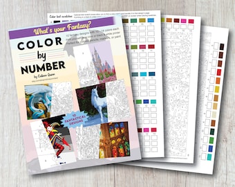 May include: A book cover for a color by number activity book titled "What's Your Fantasy?" with 10 fantastical designs. The cover features a colorful illustration of a castle, a unicorn, a jester, and a stained glass window.