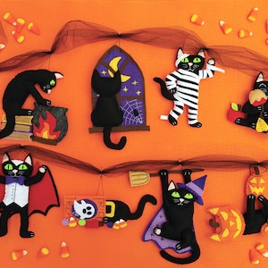 Patrones - Adornos de fieltro de gatos negros de Halloween - Juego de 8