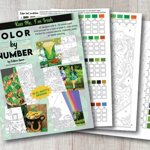 May include: Color by number book with a cover featuring a green beer mug, leprechauns, and a rainbow. The book includes 10 St. Patty's designs with 8-16 colors each.  The book is perfect for colored pencils, markers, paint, or digital coloring.
