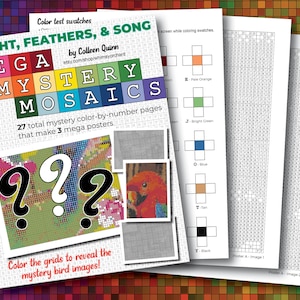 Mosaicos mega misteriosos de pájaros - Color por letra - 27 páginas / 3 mega imágenes