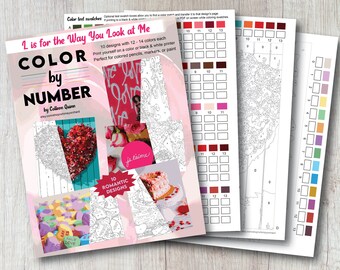 May include: A color-by-number kit titled "I is for the Way You Look at Me" with 10 romantic designs. The kit includes color test swatches and is perfect for colored pencils, markers, or paint. The kit features images of hearts, roses, and cake.