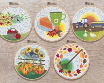 Fall / Autumn Cross Stitch Patterns - SET OF 5 - pumpkin, leaves, raking, tractor, apple